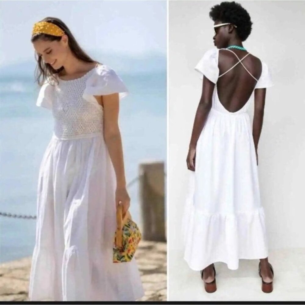 NWT Zara White Crochet Open Back Cotton Dress: Size Small